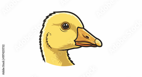 A bright yellow cartoon duckling's head and neck facing right, with expressive eyes and a detailed beak