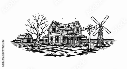Rural scene with dilapidated farmhouse, barn, bare tree, and windmills