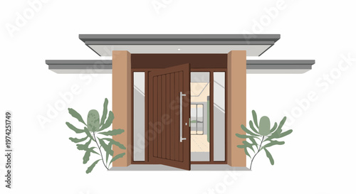 A modern home entrance with an open wooden door, flanked by pillars and plants