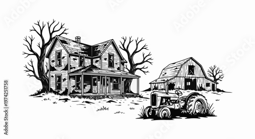 A black and white illustration of an old, dilapidated farmhouse, a weathered barn, and a vintage tractor