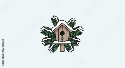 A cozy wooden birdhouse adorned with snow and surrounded by evergreen branches