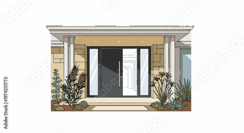 Modern entryway with dark door, sidelights, stone facade, and landscaping