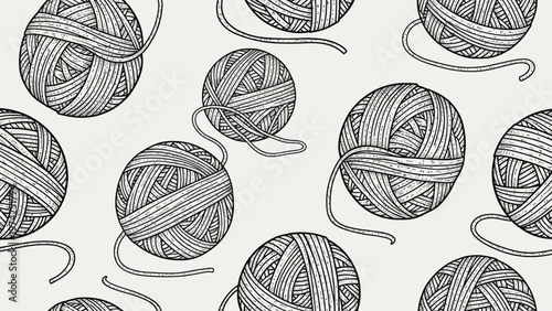 Hand drawn seamless pattern features various balls of yarn in a detailed sketch style, creating a cozy and crafty aesthetic for knitting.