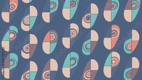 Abstract seamless pattern features organic oval shapes divided into colorful sections with concentric circles on a dark blue background.