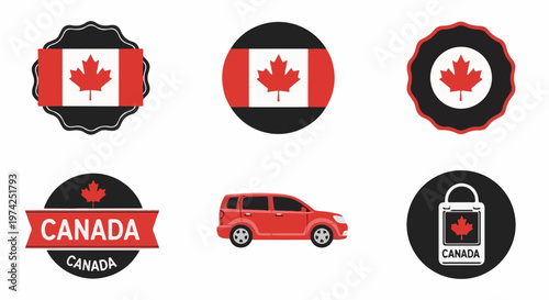 Collection of six Canadian-themed graphics three emblems with maple leaves, a red SUV, and a shopping bag
