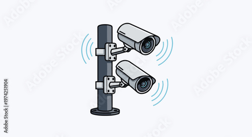 Two gray surveillance cameras mounted on a dark gray pole, emitting blue signal waves