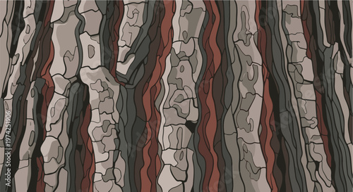 A close-up, abstract view of textured tree bark, showcasing a mosaic of interlocking, irregular shapes in muted earthy tones