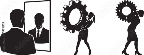 Silhouette of business people and gears representing industry and corporate concepts in a modern setting with black and white colors