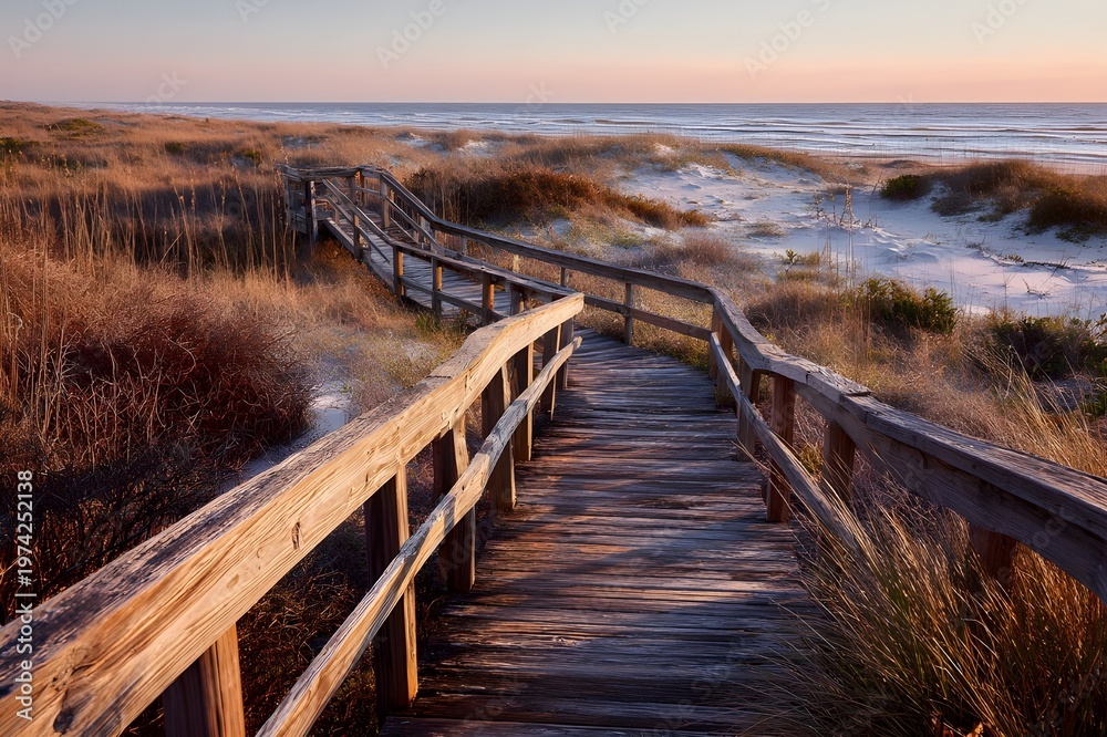 Fototapeta premium Boardwalk trail elevated over coastal dunes white sand below scenic seaside landscape walkway perspective