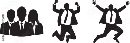 Business team silhouettes in various poses on white background, success and celebration concept