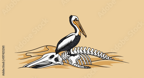 A pelican perches atop a bleached skeleton resting in sand dunes