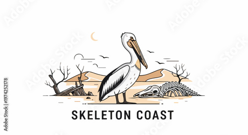 A pelican stands on a desolate coast with sand dunes, ship wreckage, and animal skeletons