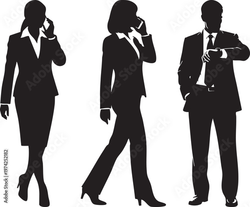 Business professionals in silhouette talking on phones in formal attire on white background