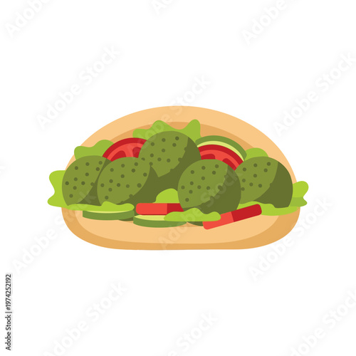 Falafel pita sandwich vector illustration with lettuce, tomato, and flatbread on white background