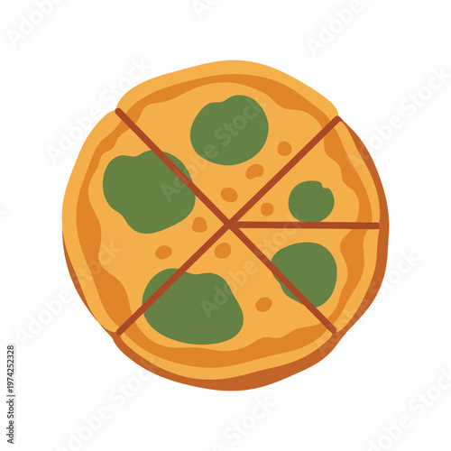 Italian pizza vector illustration with sliced cheese and spinach topping, flat cartoon style