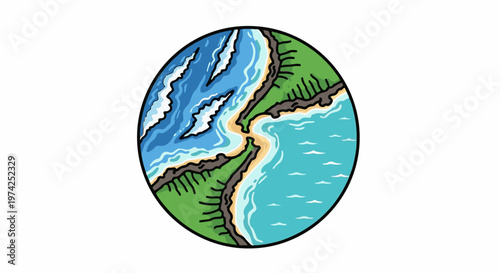 Stylized aerial view of a coastline with waves and green hills, within a circular frame