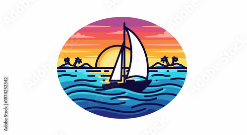 Stylized sailboat on wavy ocean with islands at sunset in a circular design
