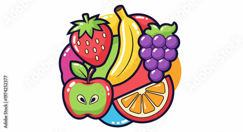 A vibrant, cartoon-style illustration features a cheerful cluster of various fresh fruits