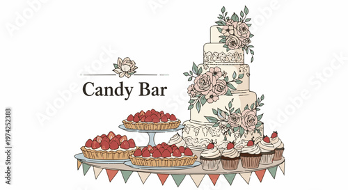 A tiered cake and tarts adorned with strawberries and delicate floral accents