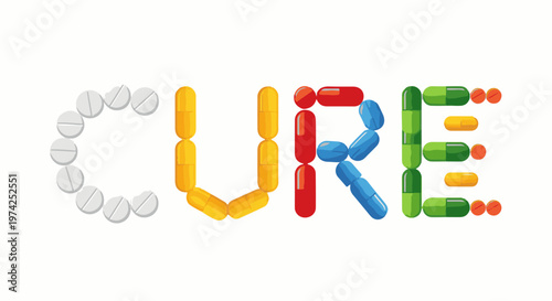 Word CURE formed by colorful pills and capsules