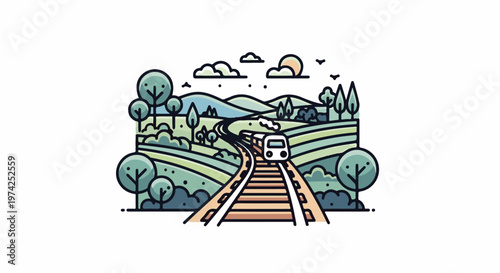 A stylized train travels through a picturesque green countryside with rolling hills