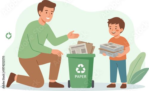 Man and boy recycling paper in a green bin