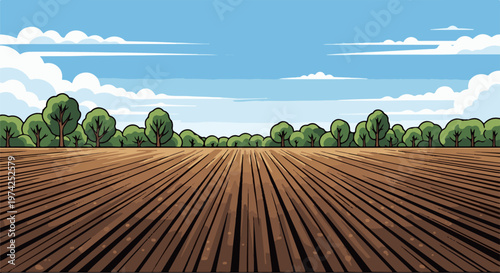 A pixelated illustration of a freshly plowed field under a bright, cloudy sky