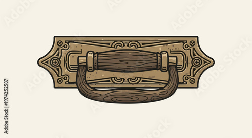 A decorative, ornate brass dresser handle with a wooden grip, detailed in pixel art