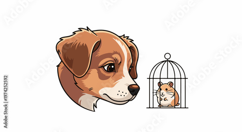 A dog looks at a hamster in a cage