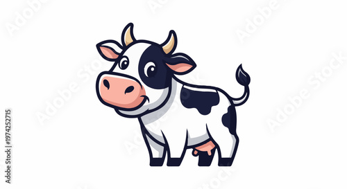 A cartoon black and white cow with pink accents and a happy expression stands proudly