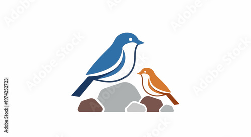 Two stylized birds, one large blue and one small orange, perch on rocks
