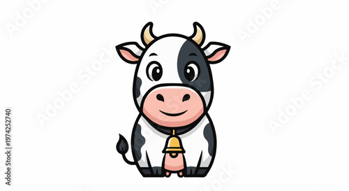 Cute cartoon cow with black patches, a golden bell, and a smiling face