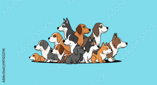 A playful assortment of cartoon dogs of various breeds and sizes are clustered together on a light blue background
