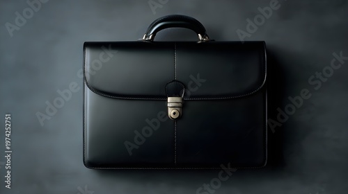 Black calfskin briefcase on minimal charcoal background luxury fashion accessory sleek professional modern style concept