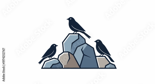 Three dark birds perched on rugged, colorful rocks against a white background