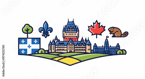 Stylized Quebec landscape with iconic landmarks, symbols, and wildlife