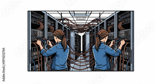 Technician connecting cables in a server room