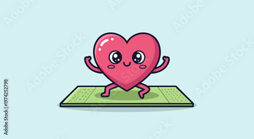 A cute pink heart character performs yoga on a green mat