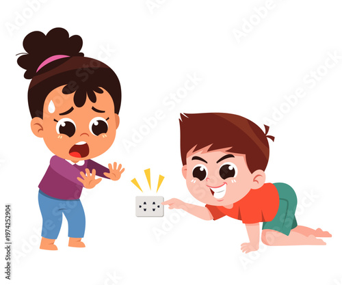 Kid Touching Electrical Socket Dangerous Behavior Cartoon Illustration