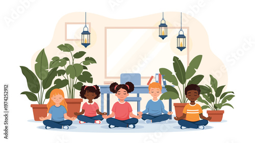Diverse group of young children sitting in lotus pose and meditating peacefully in a classroom with green plants and warm lanterns.