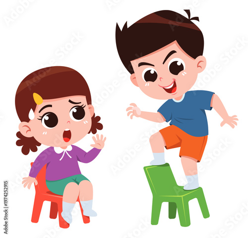 Naughty Kid Standing on Chair Scaring Friend Cartoon Children Behavior Illustration