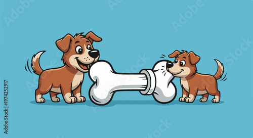 Two happy dogs sharing a giant bone