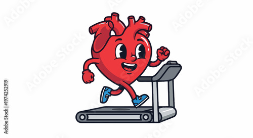 A happy cartoon heart with a smiling face runs on a treadmill, exercising
