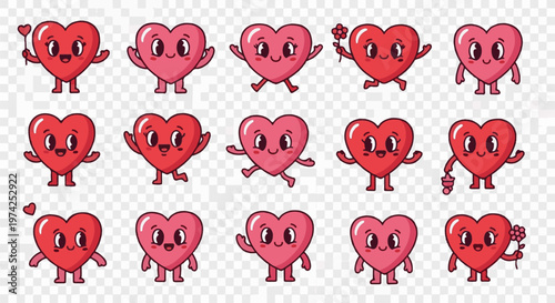 Animated hearts with various playful poses and expressions on a transparent background