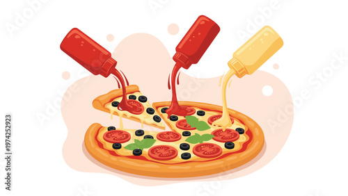 Delicious pizza with tomatoes, olives, and basil being drizzled with ketchup and mustard from squeezing bottles in mid air.