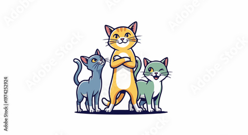 Three cartoon cats, one orange, one gray, and one green, stand together