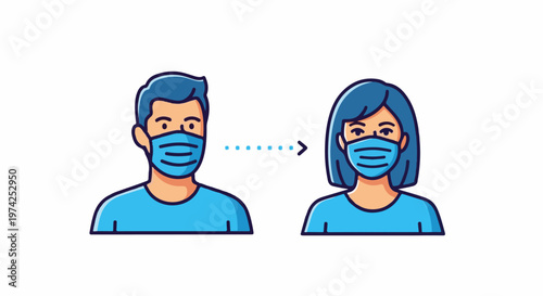 Two individuals, a man and a woman, wearing protective face masks, are shown with a dotted arrow indicating distance between them