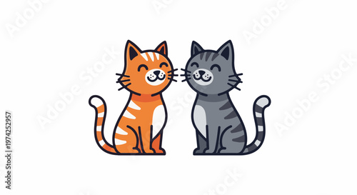 Two adorable cartoon cats, one orange and one grey, sit closely together