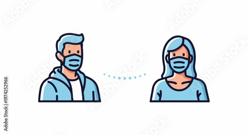 Two cartoon people wearing face masks maintain distance with a dotted line between them