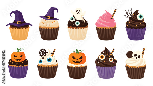 Collection of ten delicious Halloween themed cupcakes decorated with spooky elements like ghosts, pumpkins, and witch hats.